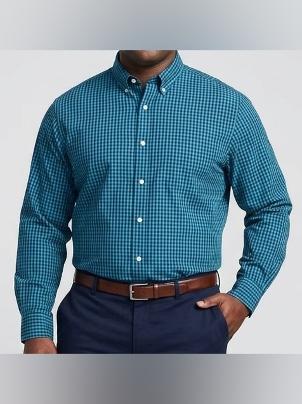 Lands' End Men's Tailored Fit Teal Navy Gingham Dress Shirt 17.5 34 Long Sleeve